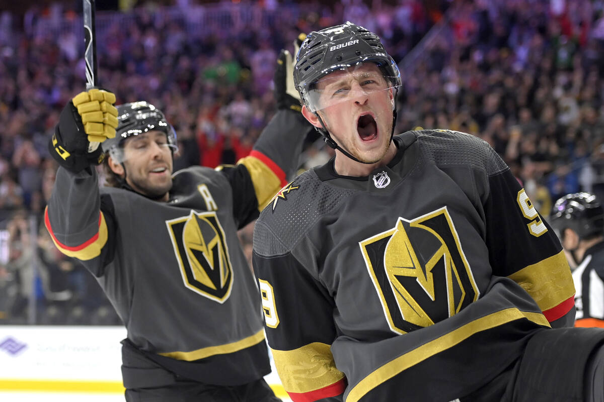 Vegas Golden Knights center Jack Eichel (9) and center Chandler Stephenson (20) celebrate Eiche ...