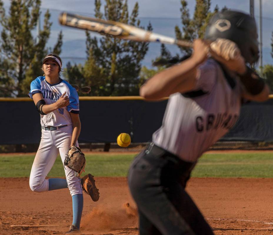Centennial’s Madison Lucero (6) pitches during the girls Class 5A Southern Region tourna ...