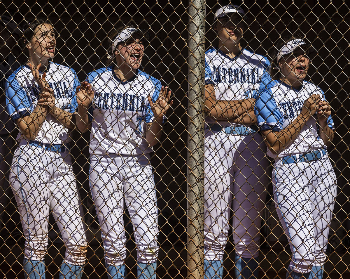 Centennial players cheer during the girls Class 5A Southern Region tournament softball game aga ...