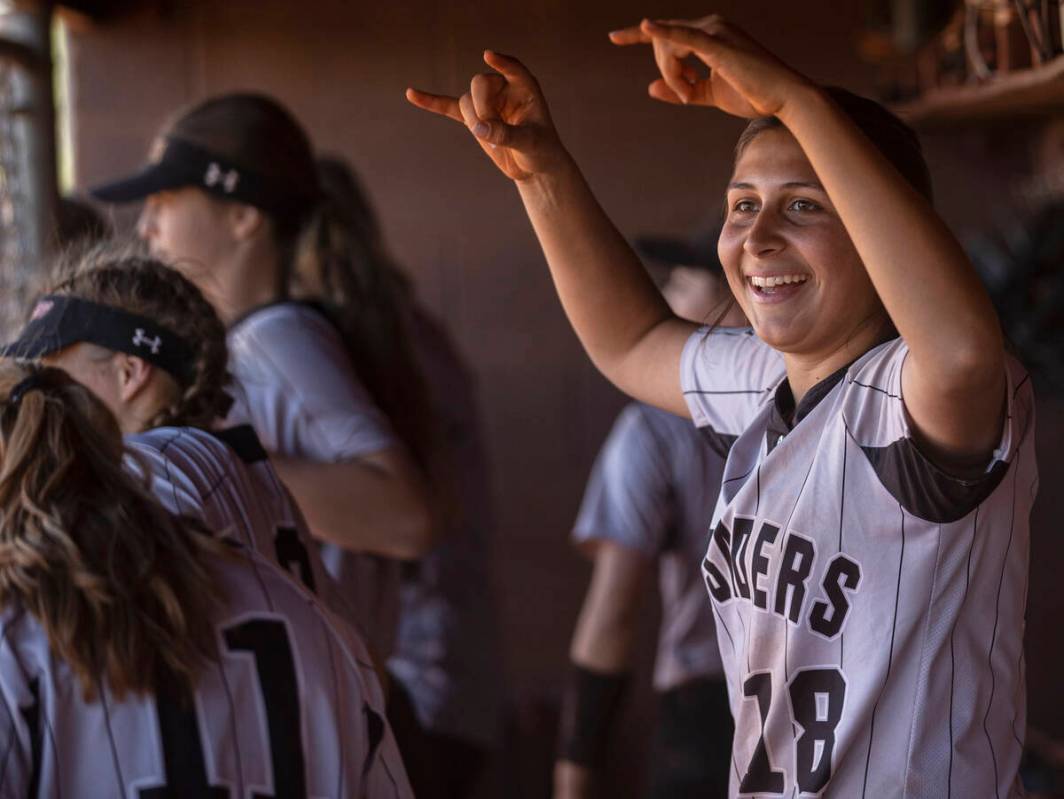 Faith Lutheran’s Ava Mariani (18) cheers for her team during the girls Class 5A Southern ...