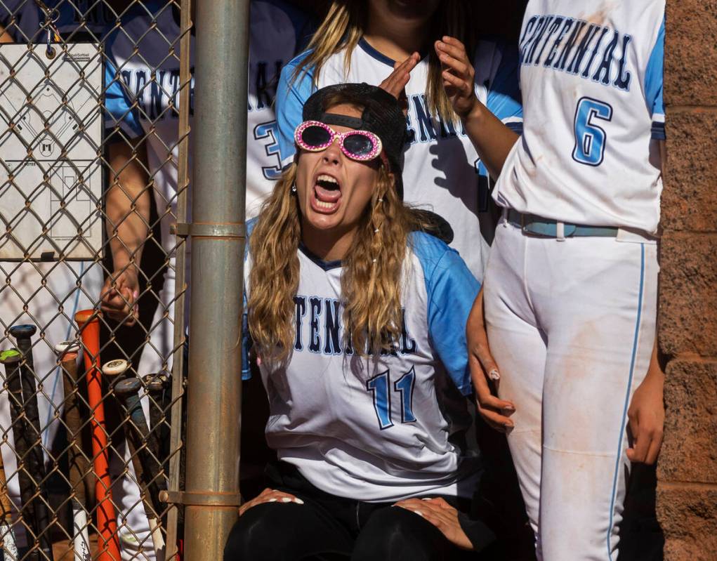 Centennial’s Jill Halas (11) cheers during the girls Class 5A Southern Region tournament ...
