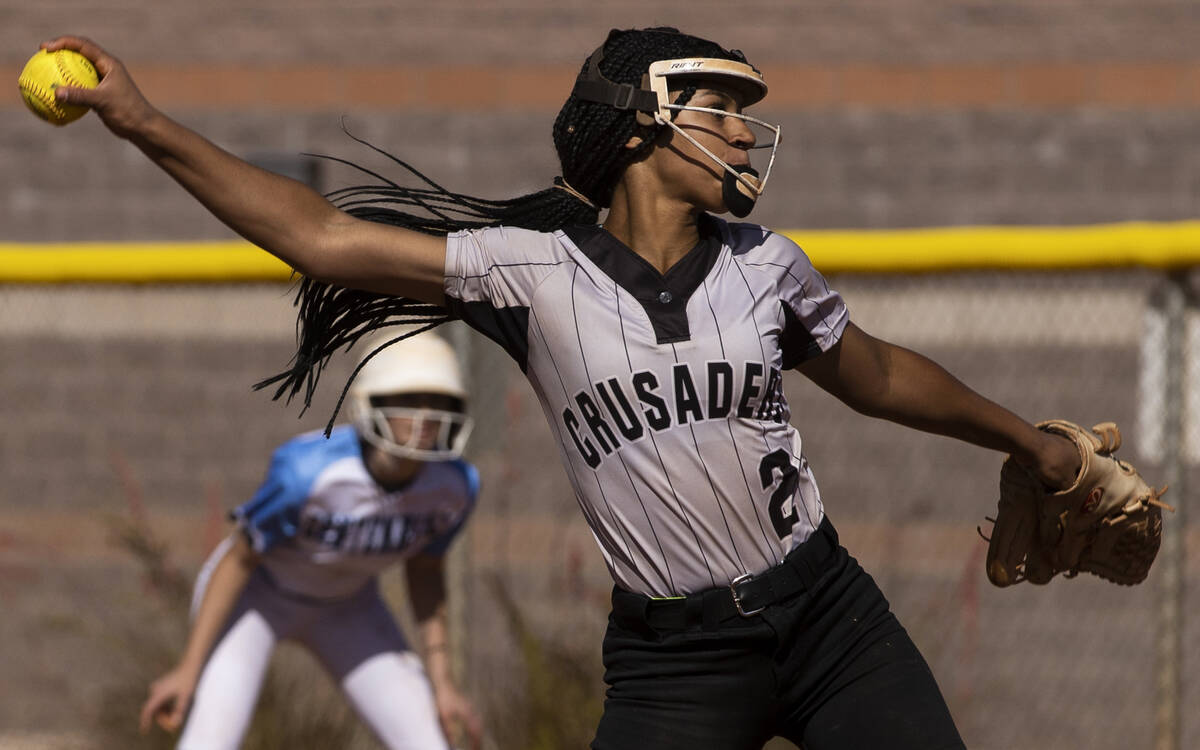 Faith Lutheran’s Ava Walker (2) pitches during the girls Class 5A Southern Region tourna ...