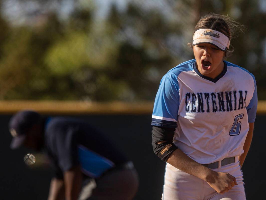 Centennial’s Madison Lucero (6) celebrates a big defensive play during the girls Class 5 ...