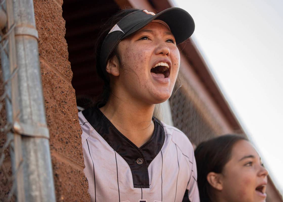 Faith Lutheran’s Averi O (14) cheers for her team during the girls Class 5A Southern Reg ...