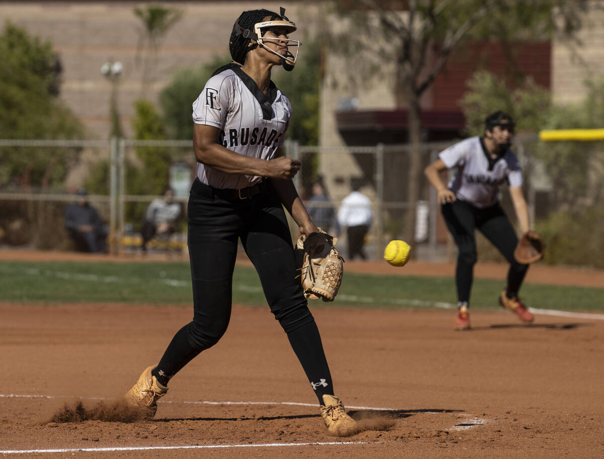 Faith Lutheran’s Ava Walker (2) pitches during the girls Class 5A Southern Region tourna ...