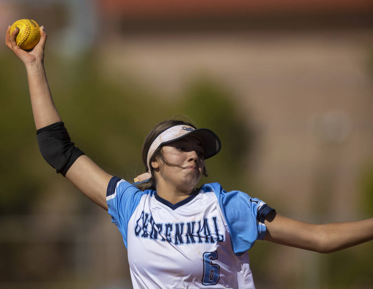 Centennial’s Madison Lucero (6) pitches during the girls Class 5A Southern Region tourna ...