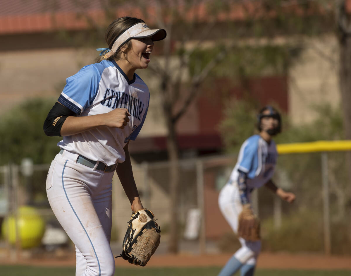 Centennial’s Madison Lucero (6) celebrates a big defensive play during the girls Class 5 ...