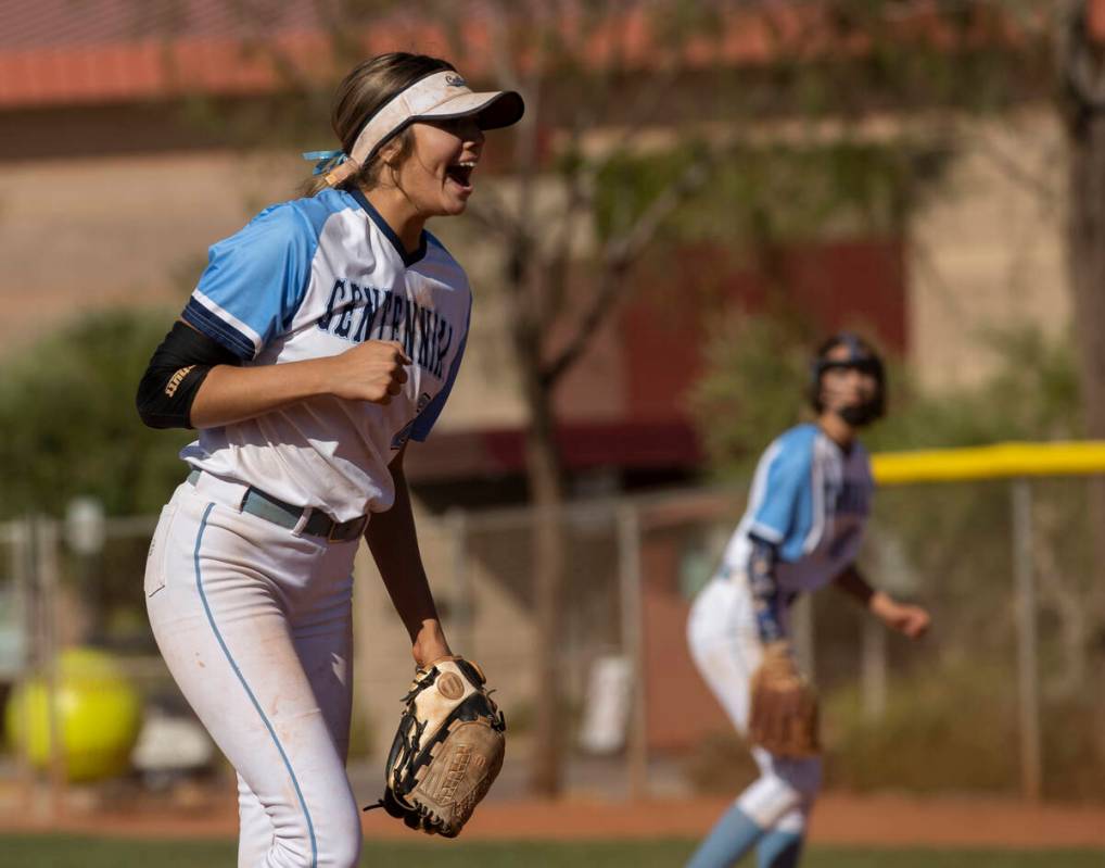Centennial’s Madison Lucero (6) celebrates a big defensive play during the girls Class 5 ...