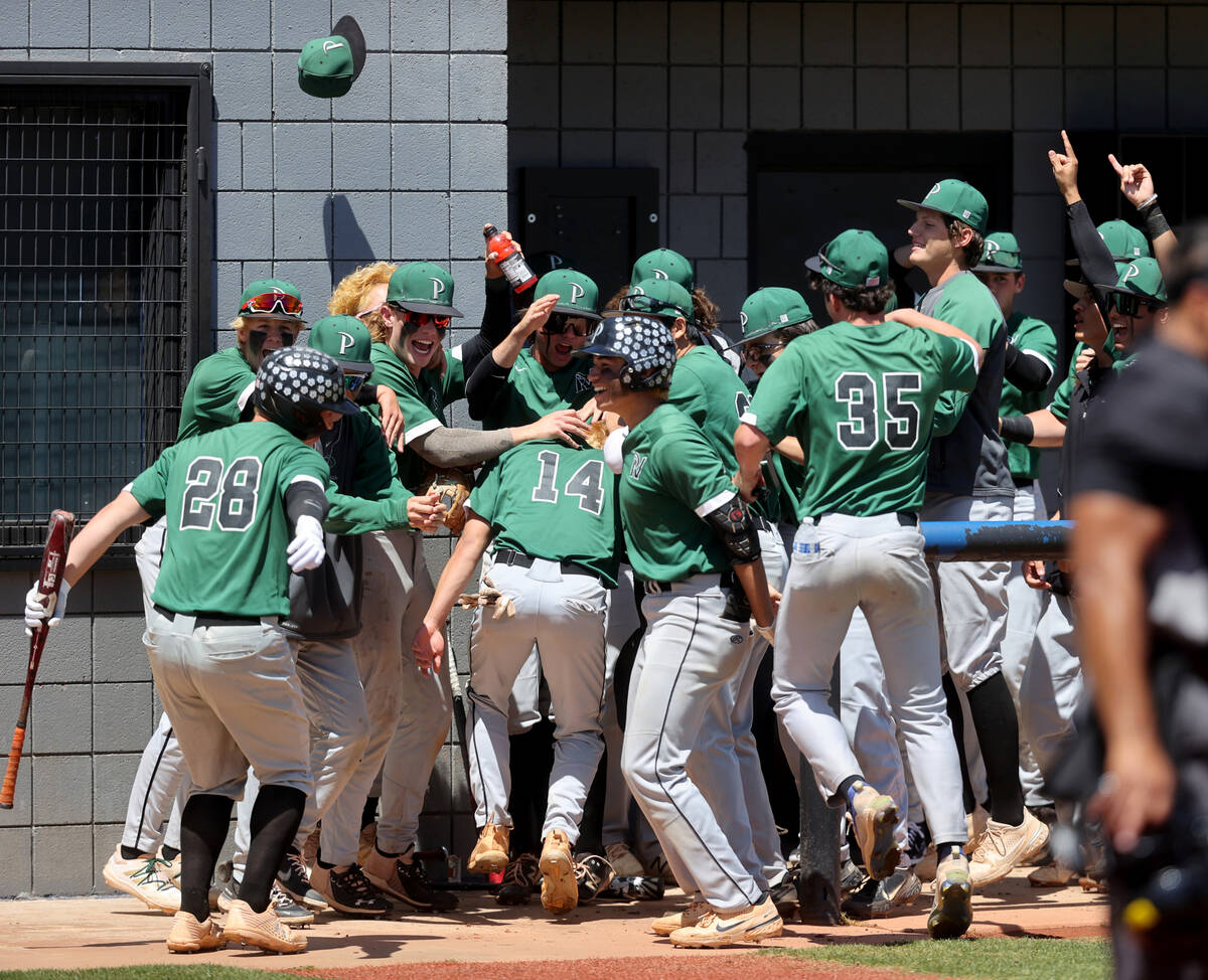 Palo Verde players celebrate a run against Faith Lutheran in the 2nd inning in their Class 5A S ...