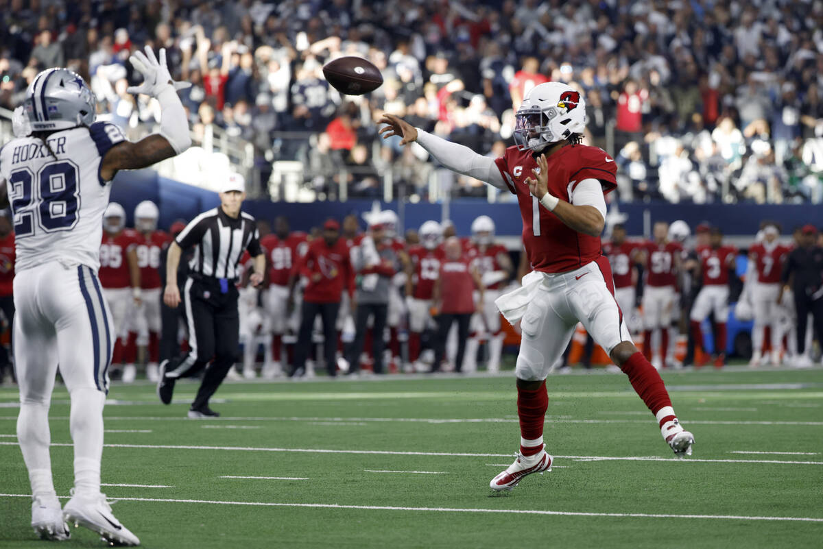 Arizona Cardinals quarterback Kyler Murray (1) throws a touchdown pass to wide receiver Antoine ...