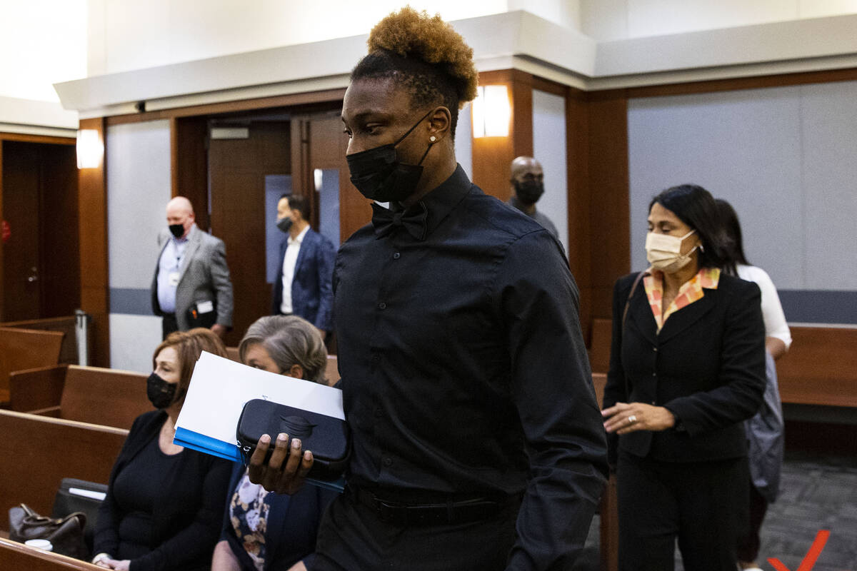 Henry Ruggs, former Raiders wide receiver, arrives at the courtroom for a hearing at the Region ...