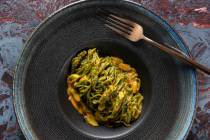 Spinach tagliarini tossed with Calabrian-style pesto sauce at Anima by Edo on Tuesday, May 3, 2 ...