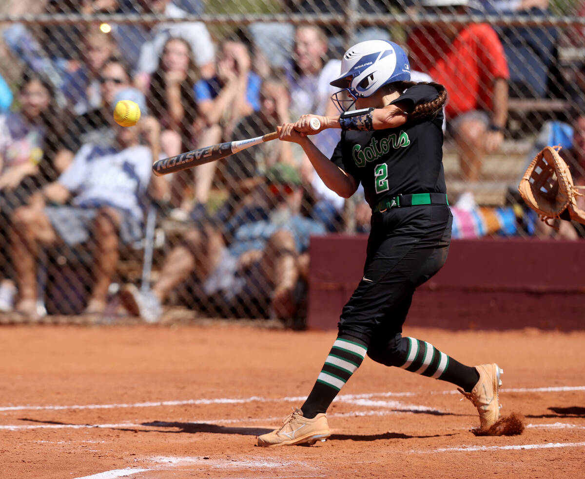 Green Valley's Brianna Guerrero (2) connects in the 3rd inning in a Class 5A Southern Region so ...