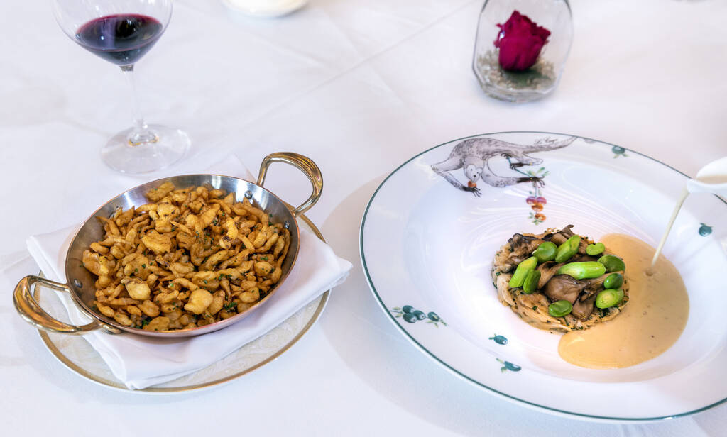 Braised rabbit leg, right, with spaetzle at Le Cirque restaurant within the Bellagio on Wednesd ...
