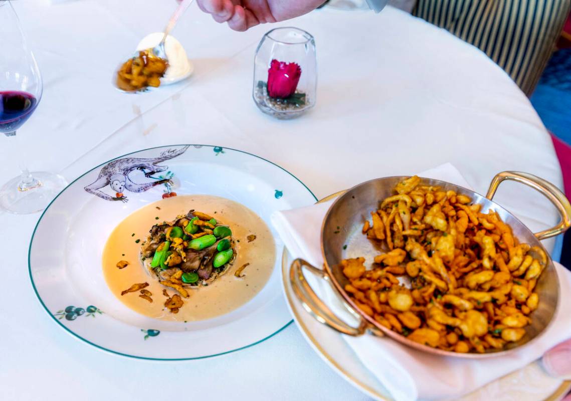 Rabbit, left, with spaetzle at the Le Cirque restaurant within the Bellagio on Wednesday, May 5 ...