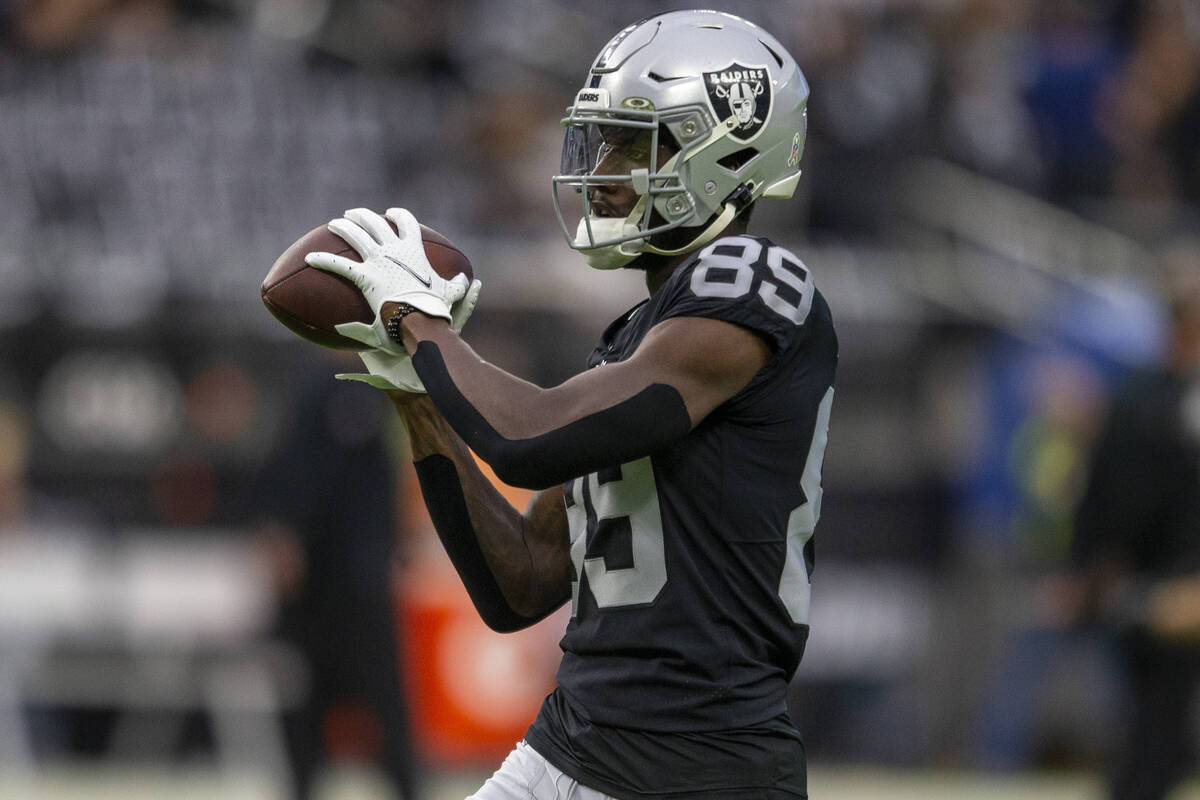 Raiders wide receiver Bryan Edwards (89) makes a catch before an NFL football game against the ...