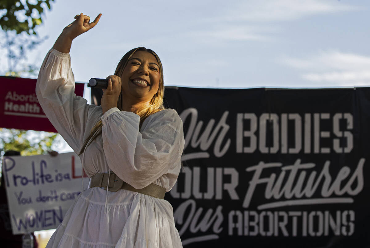 Poet Elle Hope performs during a pro-abortion rally organized by Planned Parenthood of the Rock ...