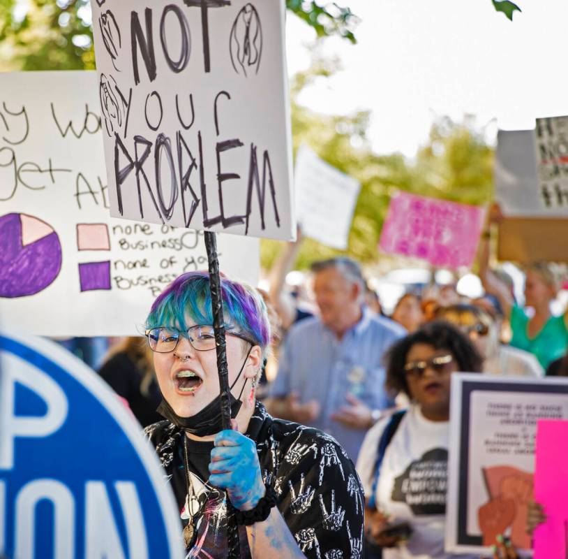 Demonstrators protest during a pro-abortion rally organized by Planned Parenthood of the Rocky ...
