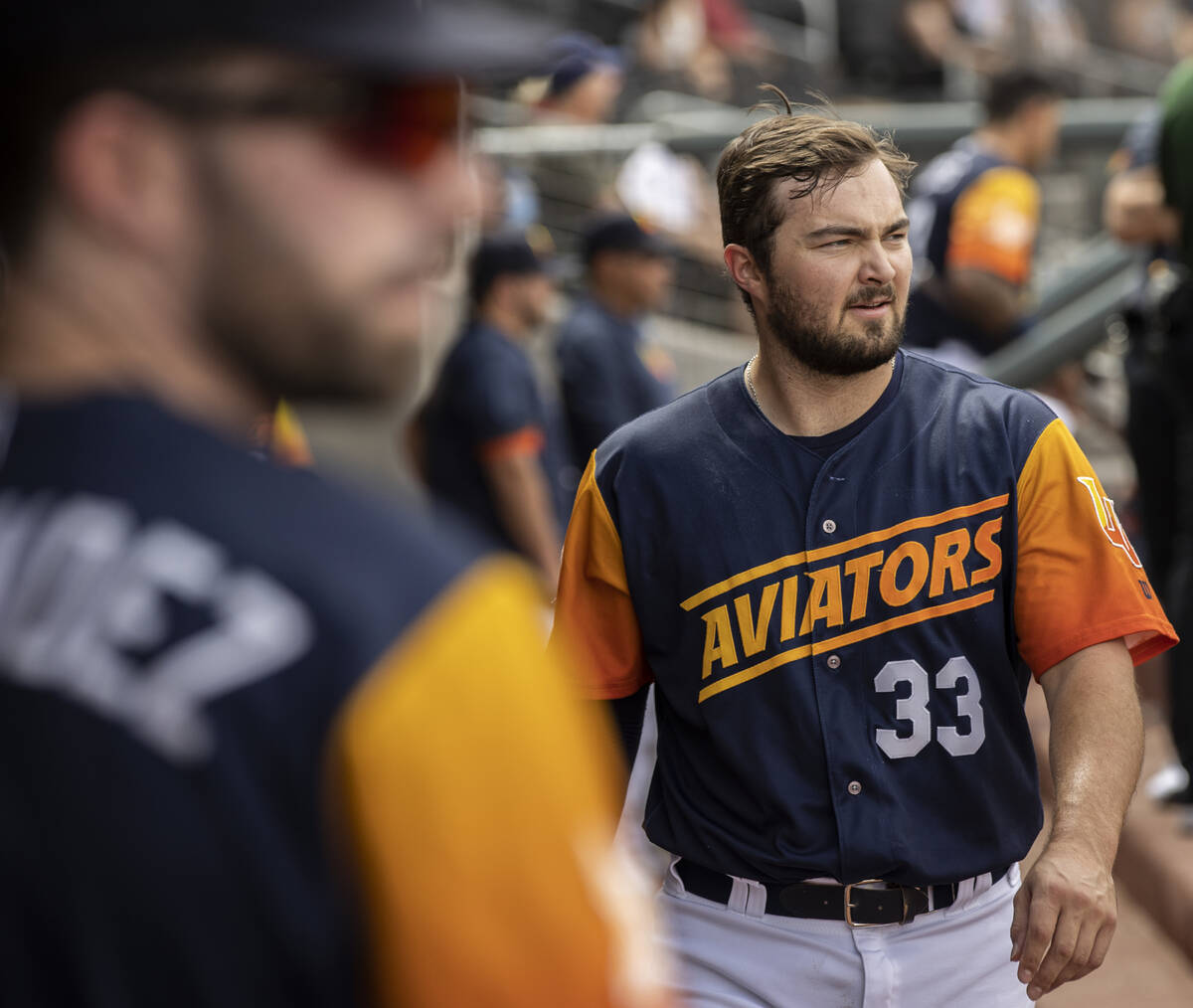 Aviators catcher Shea Langeliers (33) takes in the action during a minor league baseball game a ...
