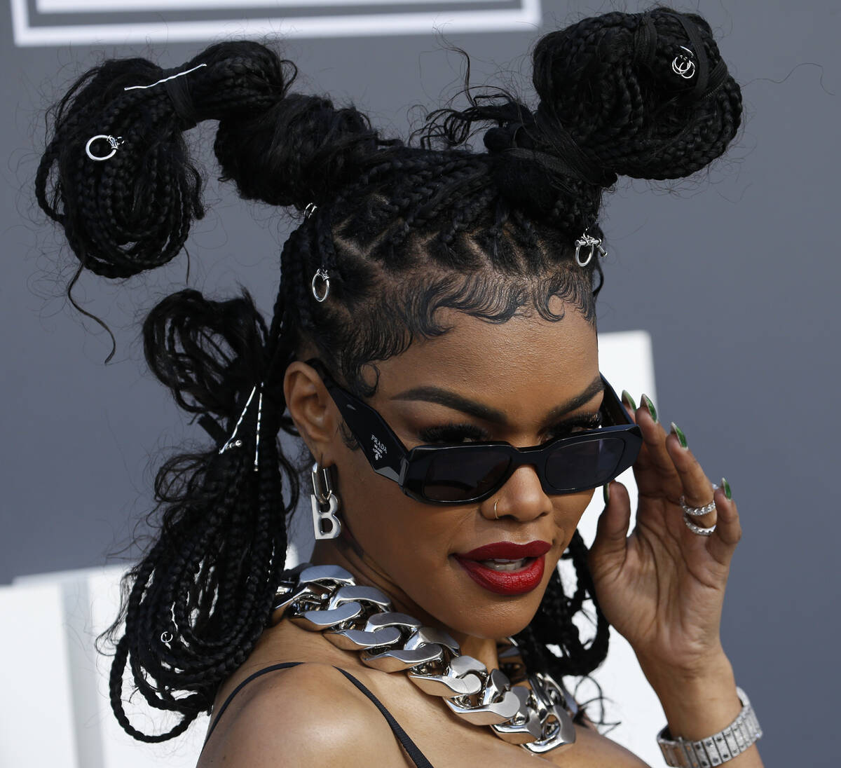 Teyana Taylor poses on the red carpet for the Billboard Music Awards at the MGM Grand Garden Ar ...