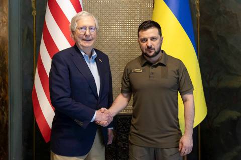 In this handout photo provided by the Ukrainian Presidential Press Office, Ukrainian President ...