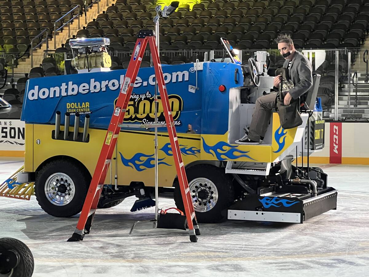 Harrah's headliner Tape Face is rides the Zamboni ride for The Dollar Loan Center's new ad camp ...