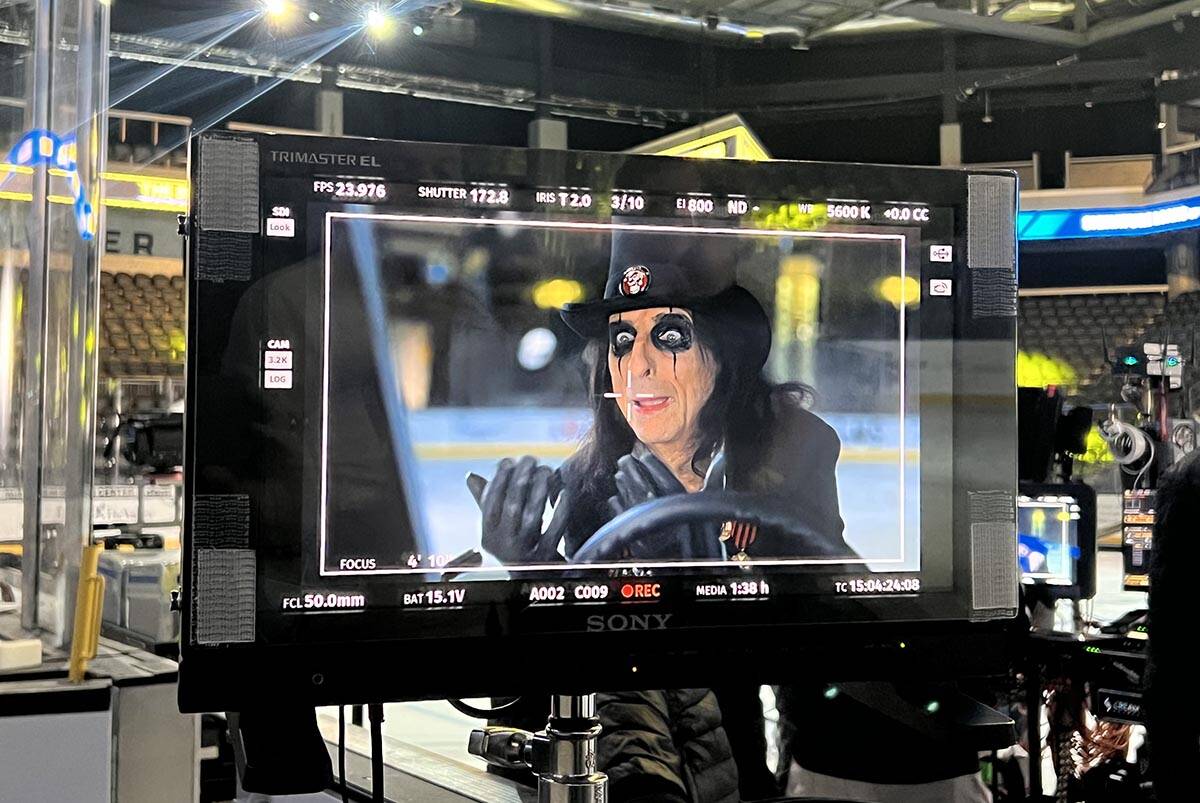 Alice Cooper is shown on video during a Zamboni ride for The Dollar Loan Center's new ad campai ...
