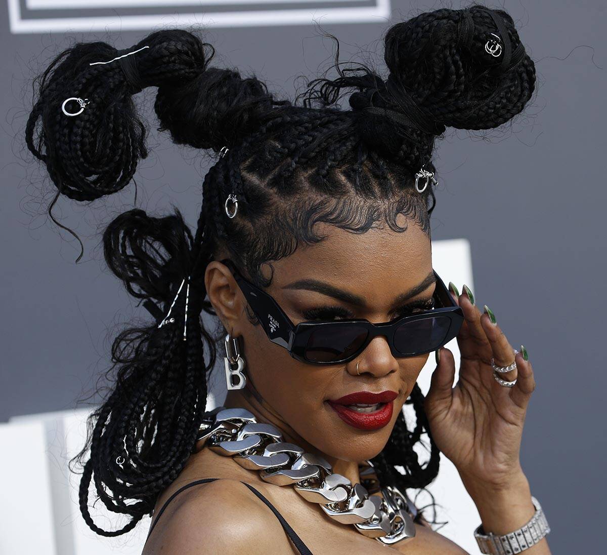 Teyana Taylor poses on the red carpet for the Billboard Music Awards at the MGM Grand Garden on ...