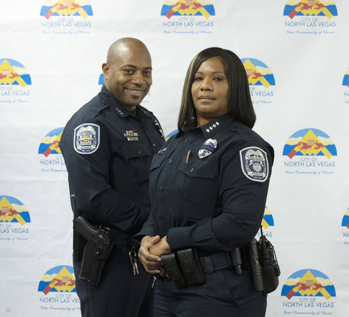 The North Las Vegas new chief of police Jacqueline Gravatt, right, and Capt. Michael Harris, ne ...