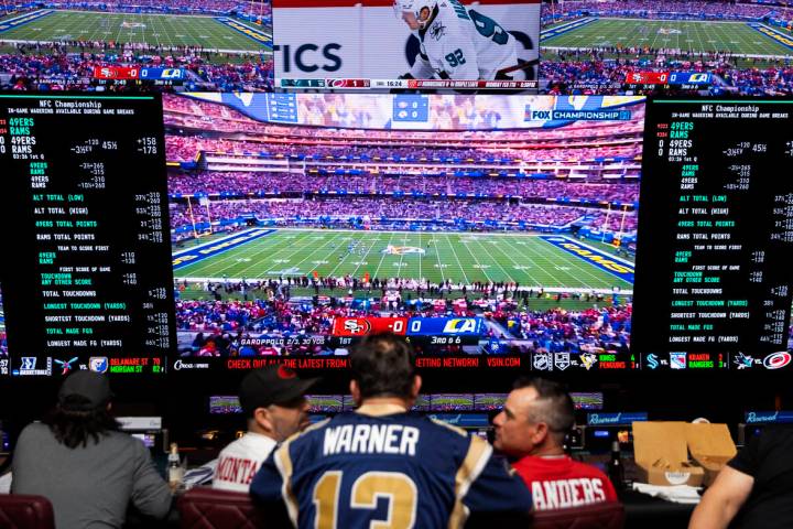 Los Angeles Rams and San Francisco 49ers fans watch the NFC Championship NFL football game at C ...