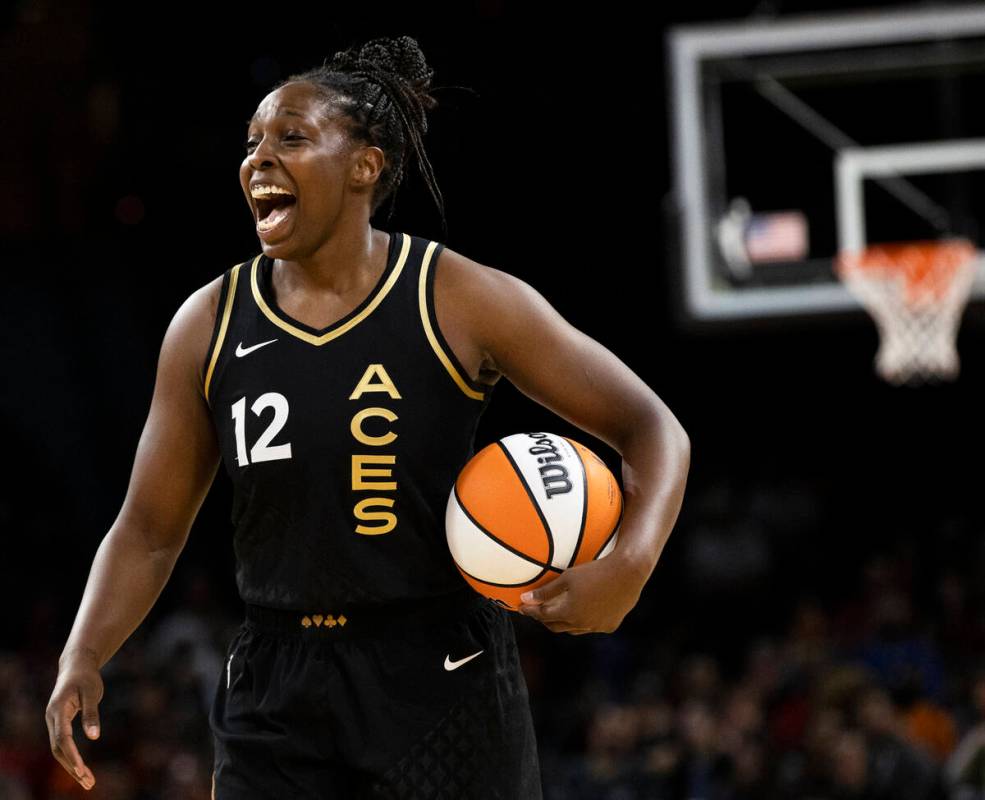 Aces guard Chelsea Gray (12) celebrates a big offensive play in the first half during a WNBA ba ...