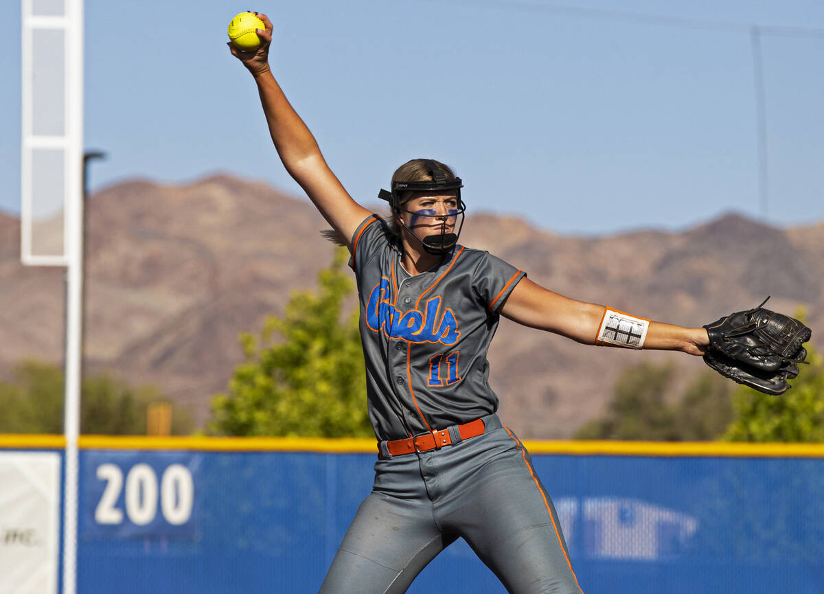 Bishop Gorman’s Rylie Pindel (11) pitches during a Class 4A state softball tournament ga ...