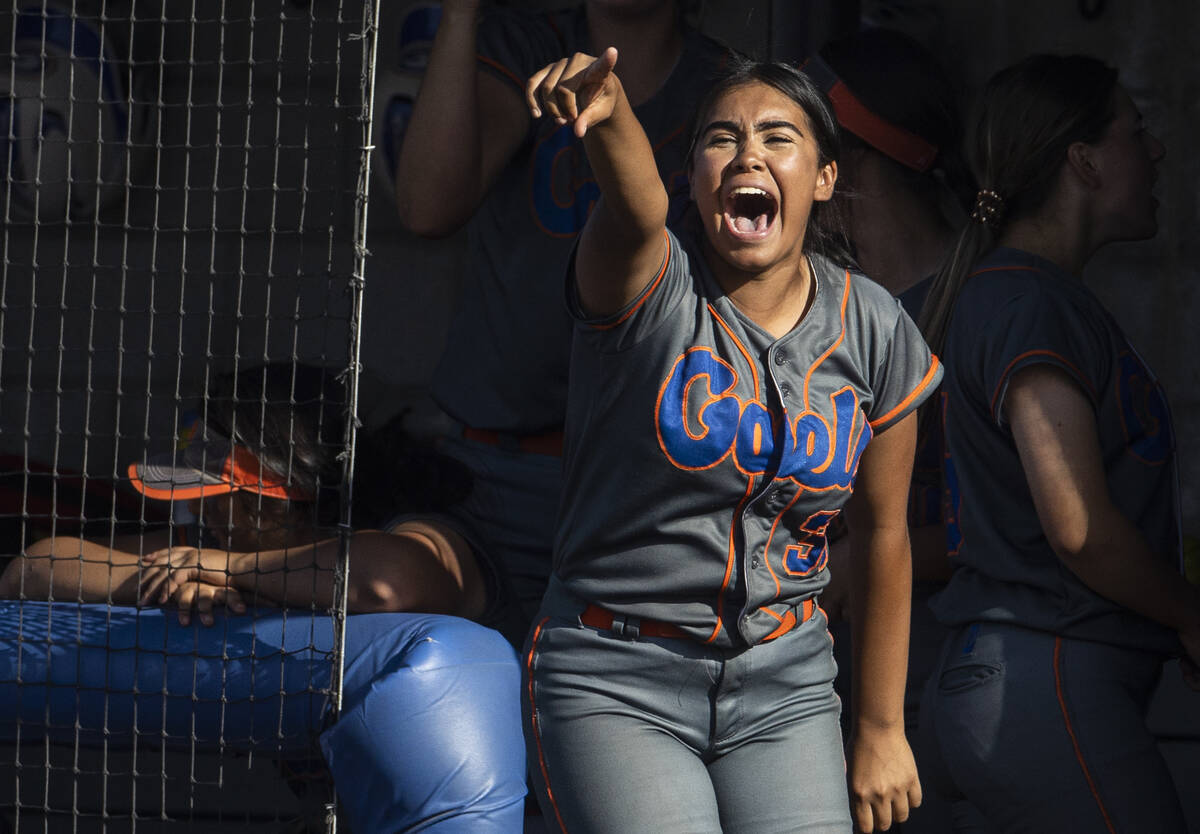 Bishop Gorman’s Isabella Anaya (33) celebrates a big offensive play during a Class 4A st ...