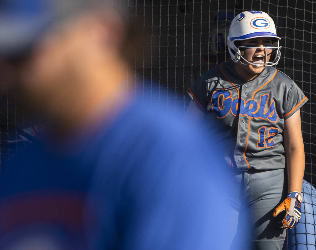 Bishop Gorman’s Jordyn Fray (12) celebrates a big offensive play during a Class 4A state ...