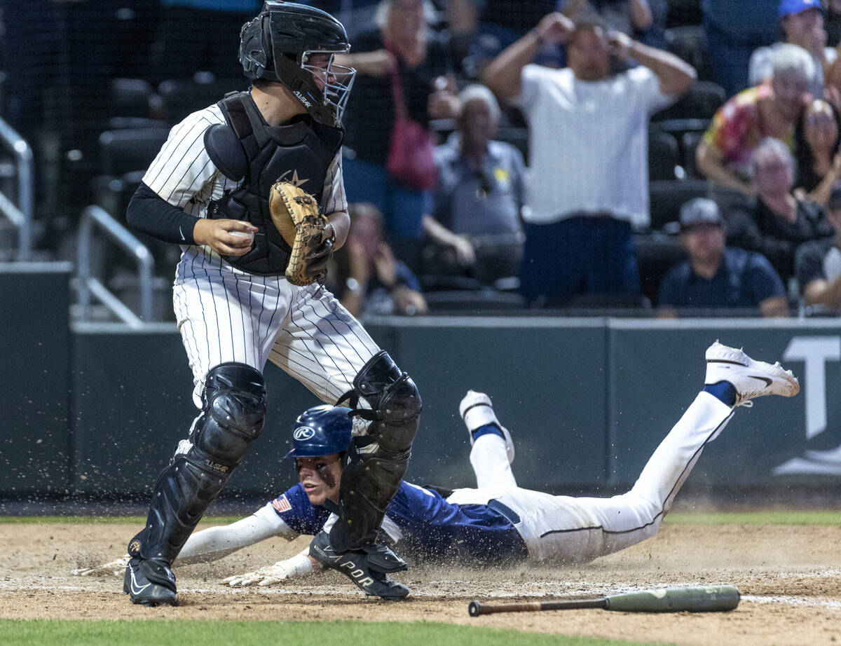 Legacy third baseman Theodore Chartier (8) tags Shadow Ridge runner Bret Emery (34) after a two ...