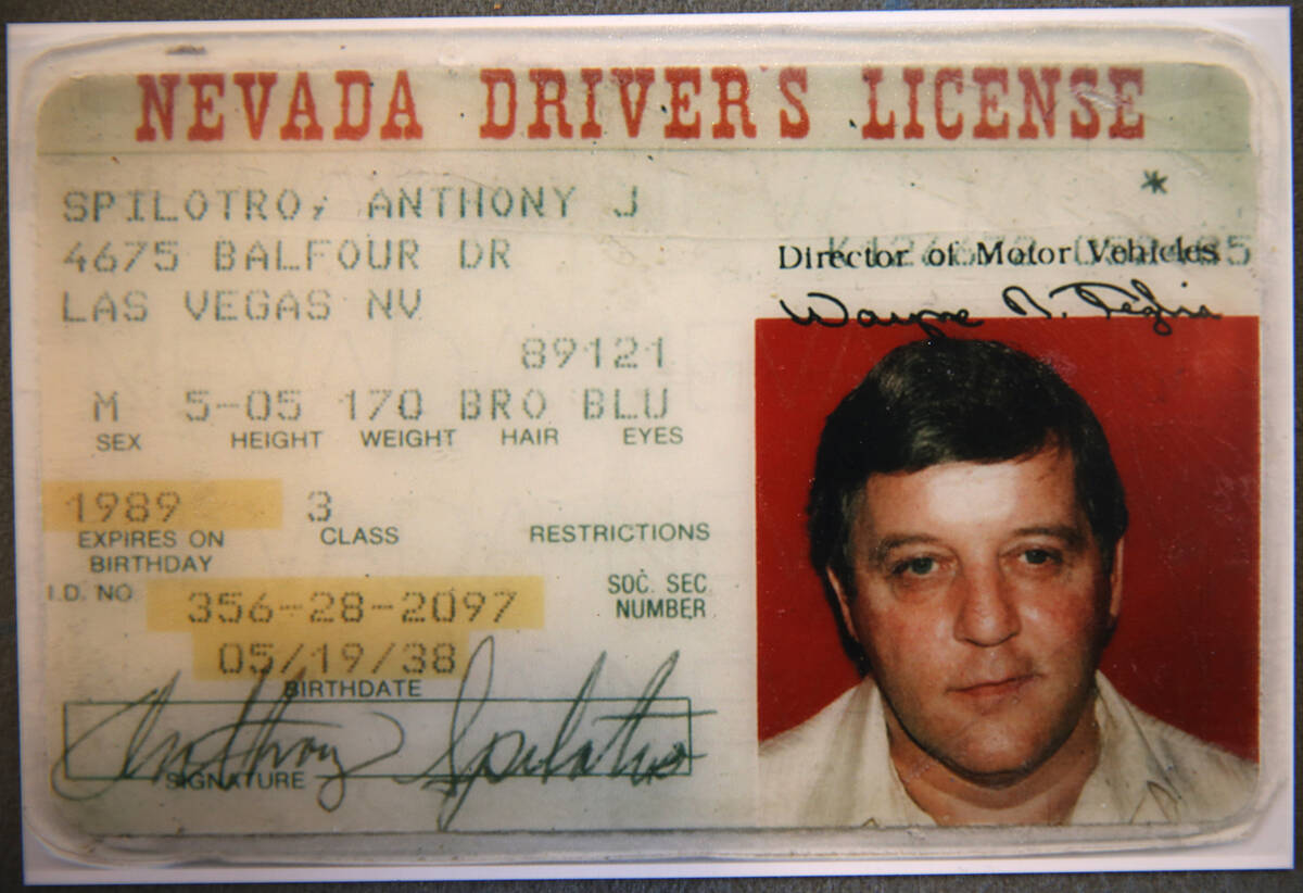 The driver's license of Las Vegas mobster Tony "The Ant" Spilotro is shownin a photo provided b ...