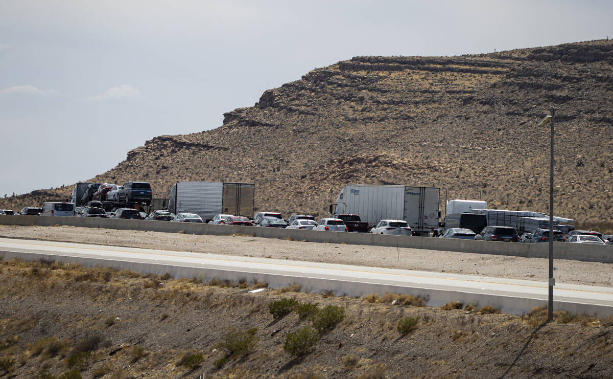 Traffic is backed up as motorists travel southbound on Interstate 15, seen north of Jean, on Mo ...