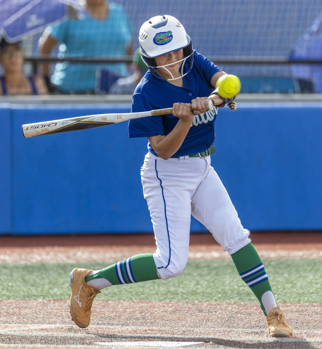 Green Valley batter Brianna Guerrero (2) connects with a ball versus Douglas during their Class ...