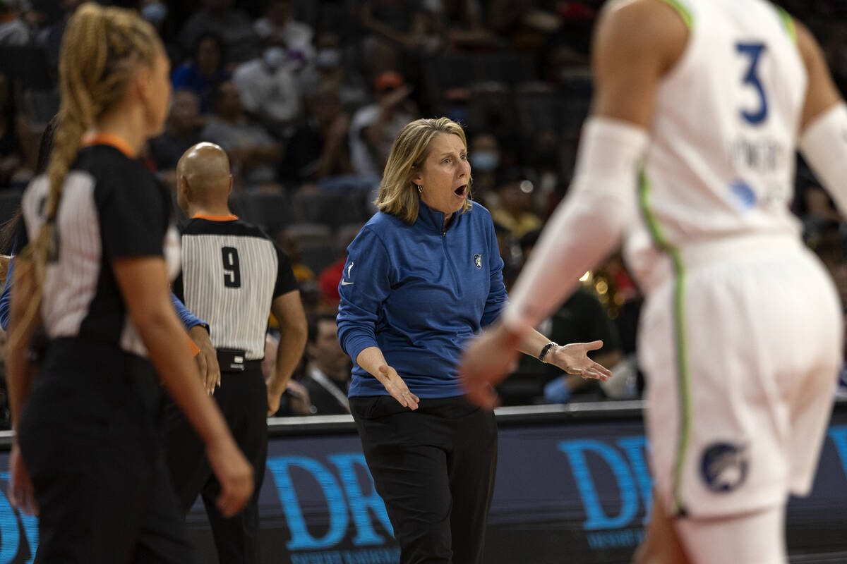 Minnesota Lynx head coach Cheryl Reeve shouts at a referee during the first half of a WNBA bask ...
