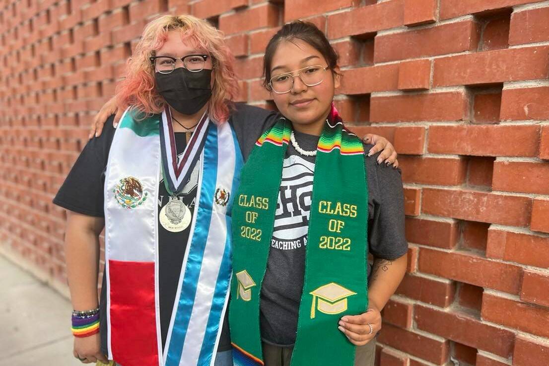 Rancho High School seniors Ashley Garcia-Vallardes, left, and Marysol Rodriguez stand outside t ...