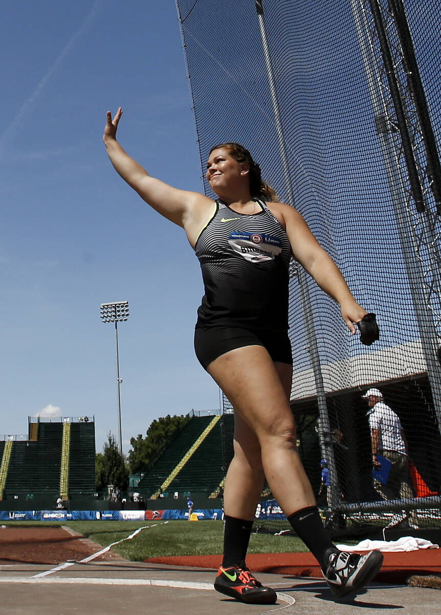 Amanda Bingson waves during women's hammer throw final at the U.S. Olympic Track and Field Tria ...