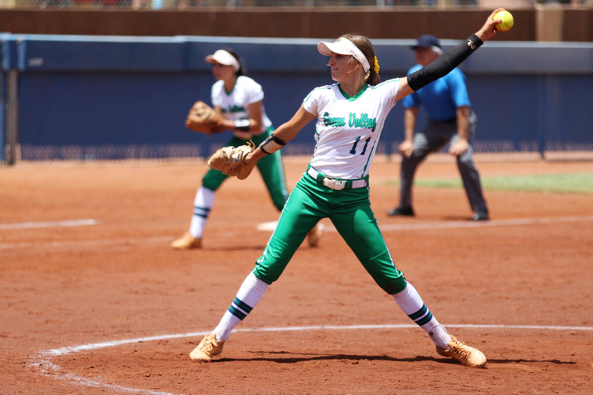 Green Valley's Avari Morris (11) pitches the ball against Faith Lutheran during a Class 5A stat ...