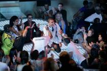 Musician Chris Brown, center, performs at the MTV Video Music Awards at the Palms Hotel and Cas ...