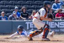 Bishop Gorman catcher Billy Scaldeferri (10) awaits a late throw at home as Basic runner Cooper ...