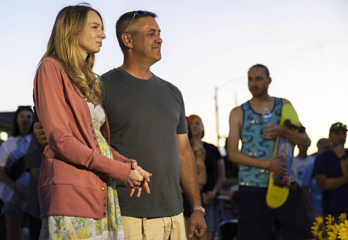 Wife Jessica Black, left, and father Matt Black attend a memorial for Ben Black, 31, the bicycl ...