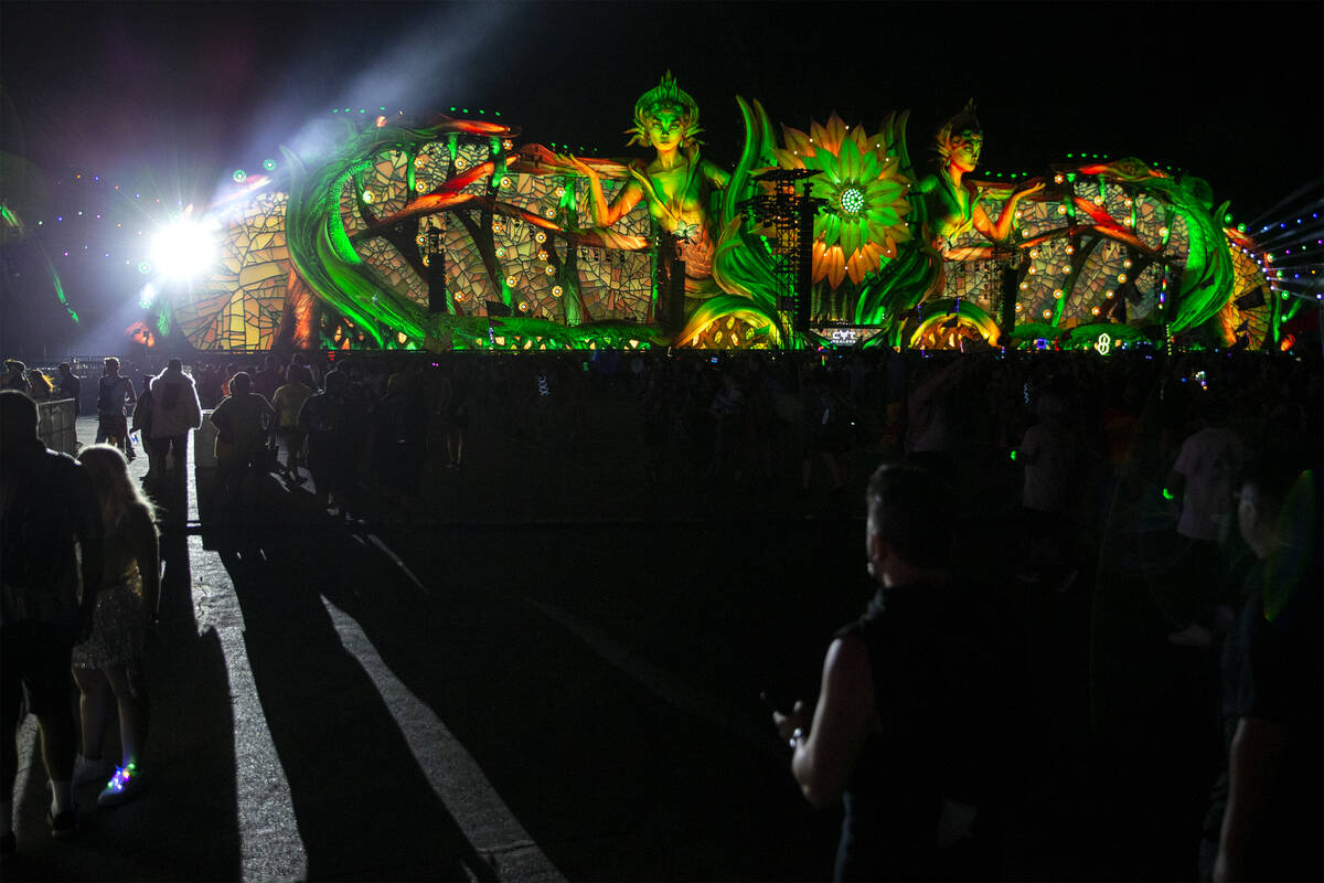 A crowd gathers at the main stage, Kinetic Field, during the first day of the Electric Daisy Ca ...
