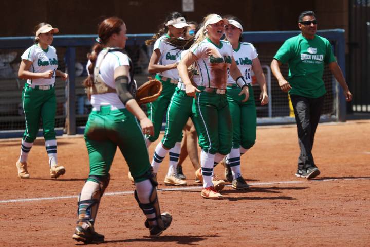 Green Valley react after defeating Faith Lutheran 6-2 in a Class 5A state softball tournament g ...