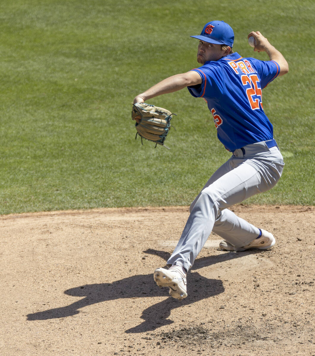 Bishop Gorman pitcher Kamdyn Perry (25) winds up for another throw to a Basic batter during the ...