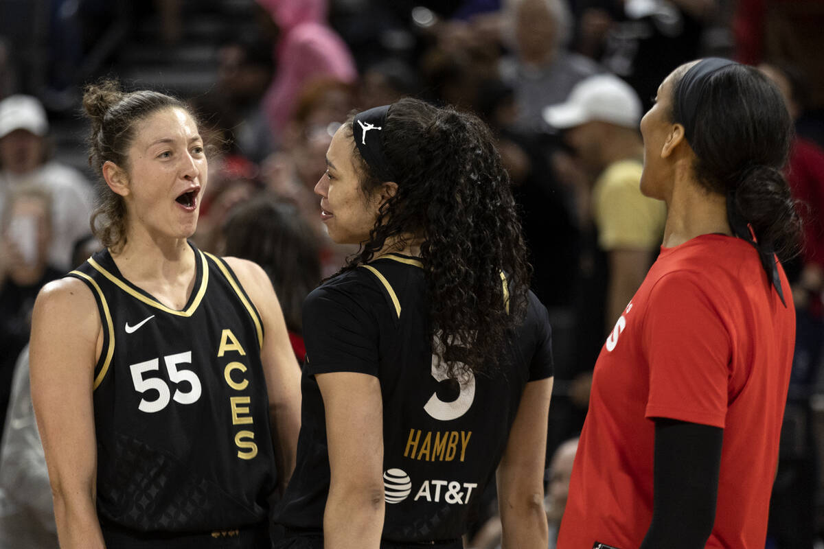 Las Vegas Aces forward Theresa Plaisance (55), forward Dearica Hamby (5) and forward A'ja Wilso ...