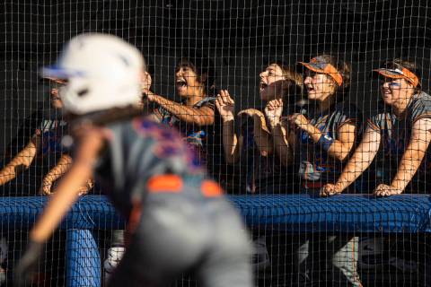 Bishop Gorman’s bench cheers on the Gaels during a Class 4A state softball tournament ga ...